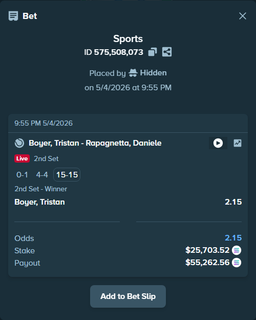 Bet slip: Boyer, Tristan - Rapagnetta, Daniele, $22,525.49 stake at 2.15 odds, placed by Prettylfacko98