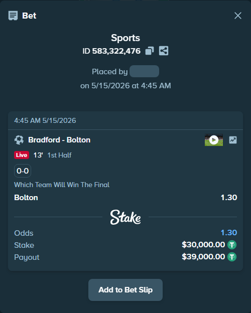 Bet slip: Bradford - Bolton, $30,000.00 stake at 1.30 odds, placed by Thanoscape