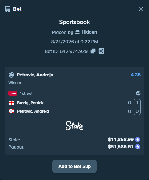 Bet slip: Brady, Patrick - Petrovic, Andreja, $11,793.98 stake at 4.35 odds, placed by Hidden