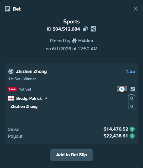 Bet slip: Brady, Patrick - Zhizhen Zhang, $14,491.00 stake at 1.55 odds, placed by Hidden