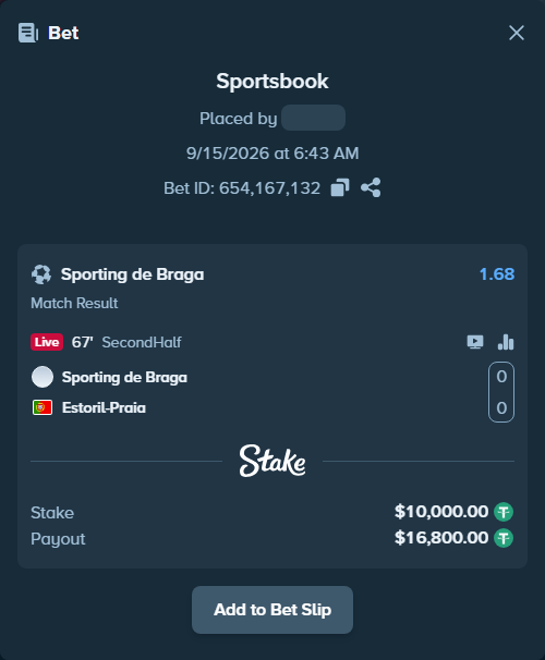 Bet slip: Braga - Estoril, $10,000.00 stake at 1.68 odds, placed by Oskarlindt
