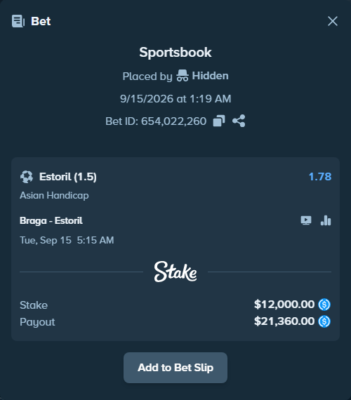 Bet slip: Braga - Estoril, $12,000.00 stake at 1.78 odds, placed by Hidden