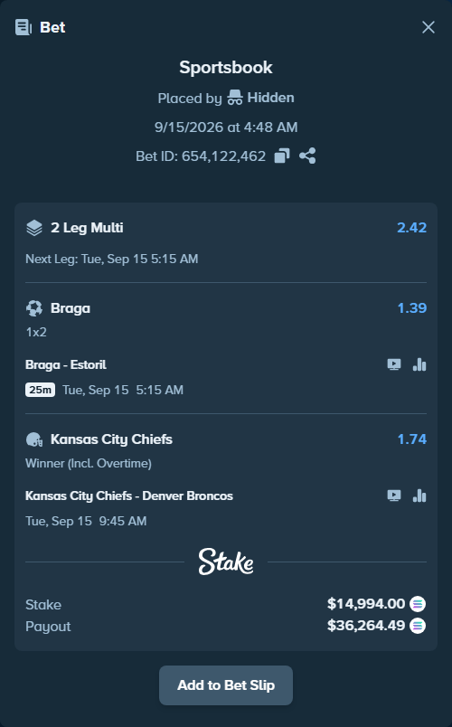 Bet slip: Braga - Estoril, $14,104.80 stake at 1.39 odds, placed by Hidden