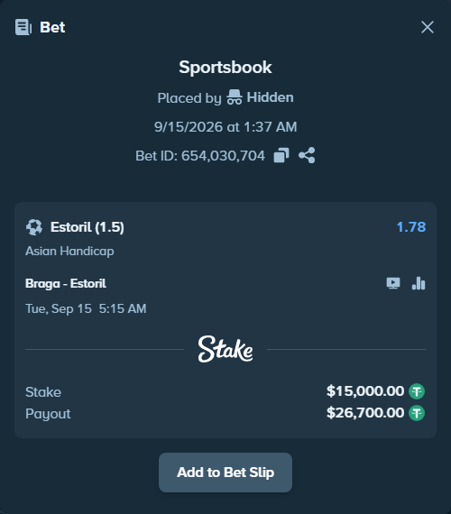 Bet slip: Braga - Estoril, $15,000.00 stake at 1.78 odds, placed by Hidden