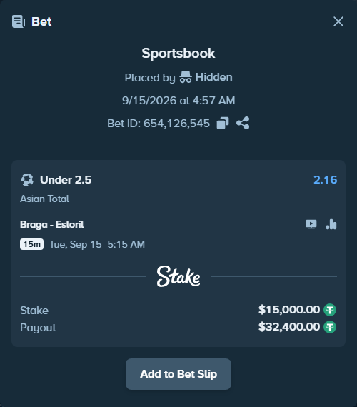 Bet slip: Braga - Estoril, $15,000.00 stake at 2.16 odds, placed by Hidden