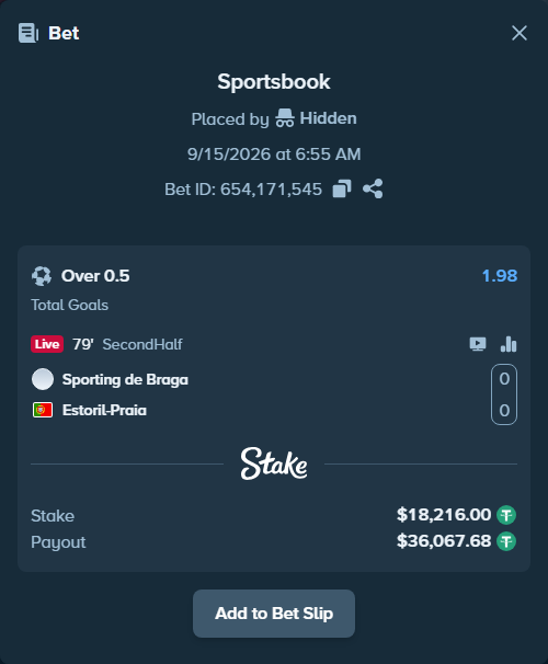 Bet slip: Braga - Estoril, $18,216.00 stake at 1.98 odds, placed by Hidden