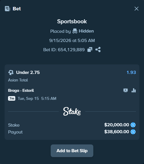 Bet slip: Braga - Estoril, $20,000.00 stake at 1.93 odds, placed by Hidden