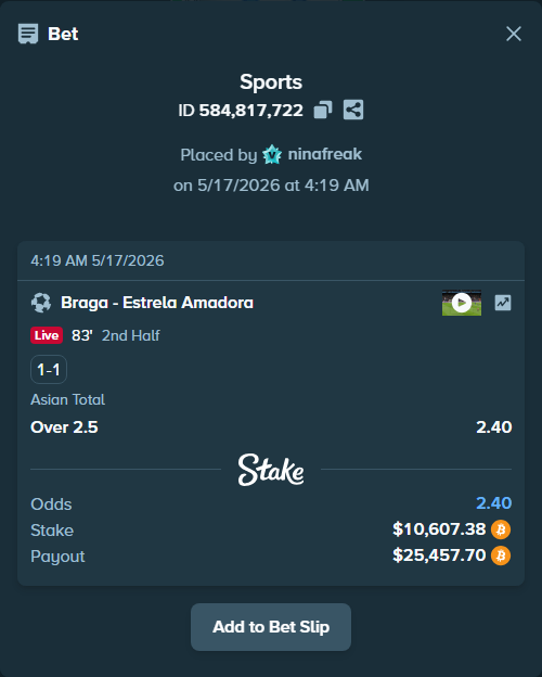 Bet slip: Braga - Estrela Amadora, $8,708.14 stake at 2.40 odds, placed by ninafreak