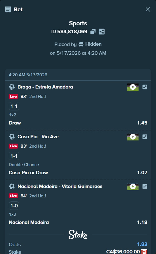 Bet slip: Braga - Estrela Amadora, $26,640.00 stake at 1.45 odds, placed by Hidden