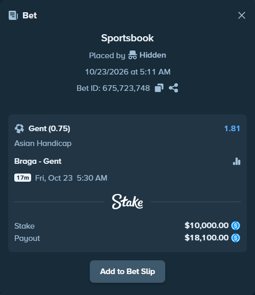Bet slip: Braga - Gent, $10,000.00 stake at 1.81 odds, placed by pixlven