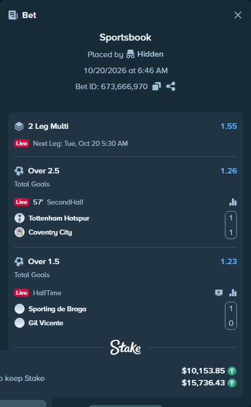Bet slip: Braga - Gil Vicente, $10,164.00 stake at 1.23 odds, placed by Jackpoor