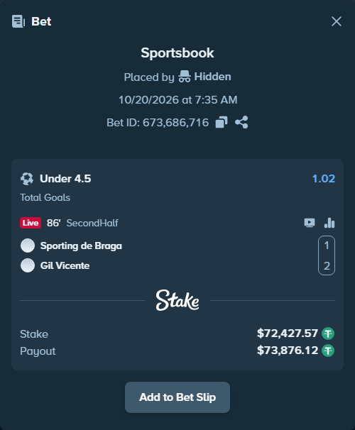 Bet slip: Braga - Gil Vicente, $72,500.00 stake at 1.02 odds, placed by Hidden