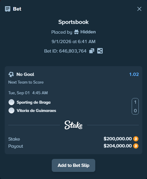 Bet slip: Braga - Vitoria Guimaraes, $200,057.44 stake at 1.02 odds, placed by Hidden