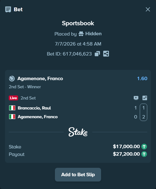 Bet slip: Brancaccio, Raul - Agamenone, Franco, $17,017.00 stake at 1.60 odds, placed by Hidden