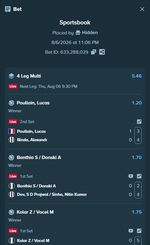 Bet slip: Brancaccio, Raul - Elmer Moller, $10,010.00 stake at 1.53 odds, placed by Hidden
