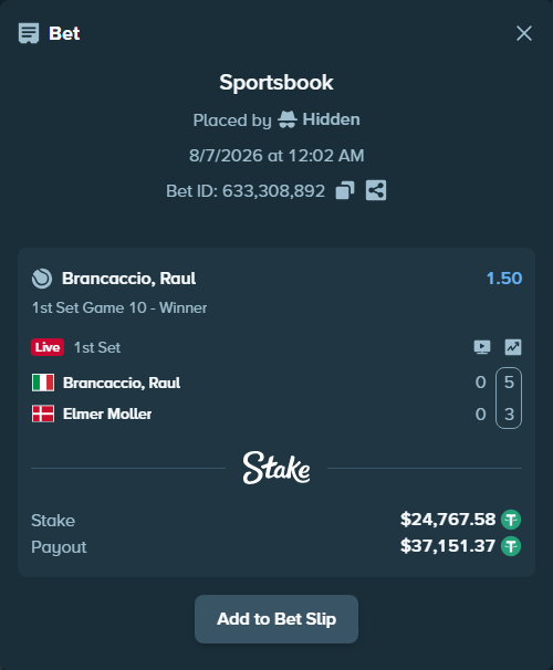 Bet slip: Brancaccio, Raul - Elmer Moller, $24,792.34 stake at 1.50 odds, placed by Hidden