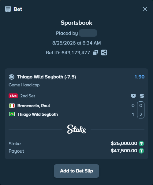 Bet slip: Brancaccio, Raul - Thiago Wild Seyboth, $25,000.00 stake at 1.90 odds, placed by Zubkov1