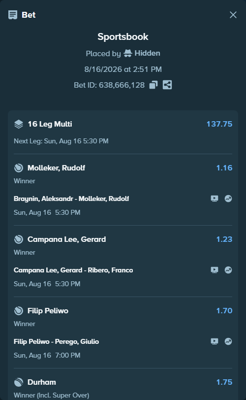 Bet slip: Brandon Nakashima - Aleksandar Kovacevic, $10,000.00 stake at 1.25 odds, placed by Hidden