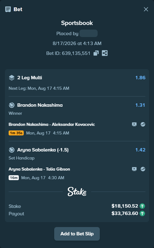 Bet slip: Brandon Nakashima - Aleksandar Kovacevic, $18,168.67 stake at 1.31 odds, placed by Davidbushel1