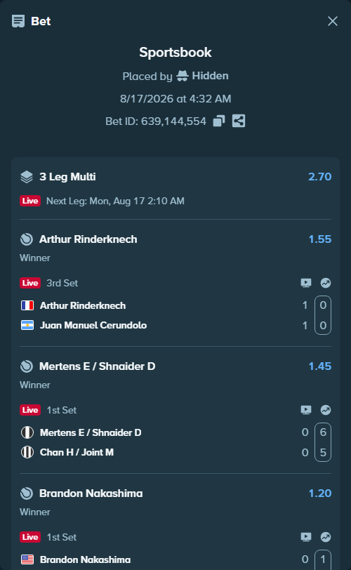 Bet slip: Brandon Nakashima - Aleksandar Kovacevic, $25,000.00 stake at 1.20 odds, placed by Hidden