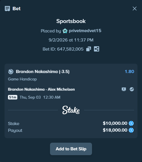 Bet slip: Brandon Nakashima - Alex Michelsen, $10,000.00 stake at 1.80 odds, placed by privetmedvet15