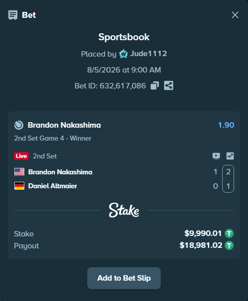 Bet slip: Brandon Nakashima - Daniel Altmaier, $10,000.00 stake at 1.90 odds, placed by Jude1112