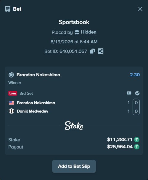 Bet slip: Brandon Nakashima - Daniil Medvedev, $11,300.00 stake at 2.30 odds, placed by Hidden