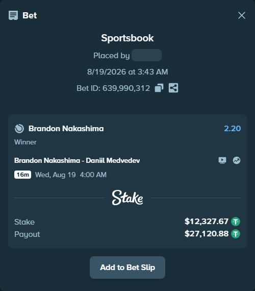 Bet slip: Brandon Nakashima - Daniil Medvedev, $12,340.00 stake at 2.20 odds, placed by Mopsik33