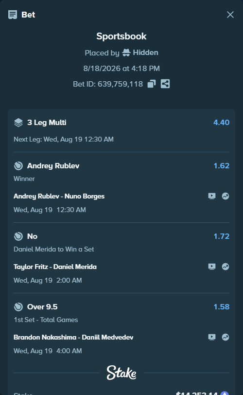 Bet slip: Brandon Nakashima - Daniil Medvedev, $18,381.98 stake at 1.58 odds, placed by Hidden