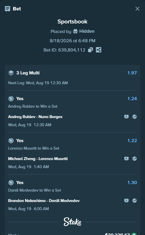 Bet slip: Brandon Nakashima - Daniil Medvedev, $20,350.00 stake at 1.30 odds, placed by Hidden