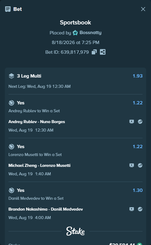 Bet slip: Brandon Nakashima - Daniil Medvedev, $20,615.00 stake at 1.30 odds, placed by Bossnatty