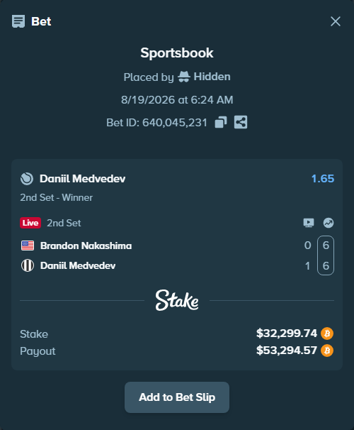 Bet slip: Brandon Nakashima - Daniil Medvedev, $32,275.00 stake at 1.65 odds, placed by Hidden