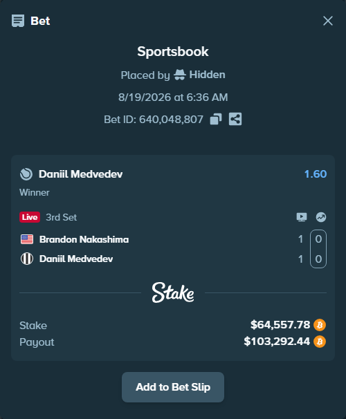 Bet slip: Brandon Nakashima - Daniil Medvedev, $64,550.00 stake at 1.60 odds, placed by Hidden
