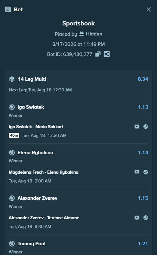 Bet slip: Brandon Nakashima - Daniil Medvedev, $75,075.00 stake at 1.16 odds, placed by Hidden