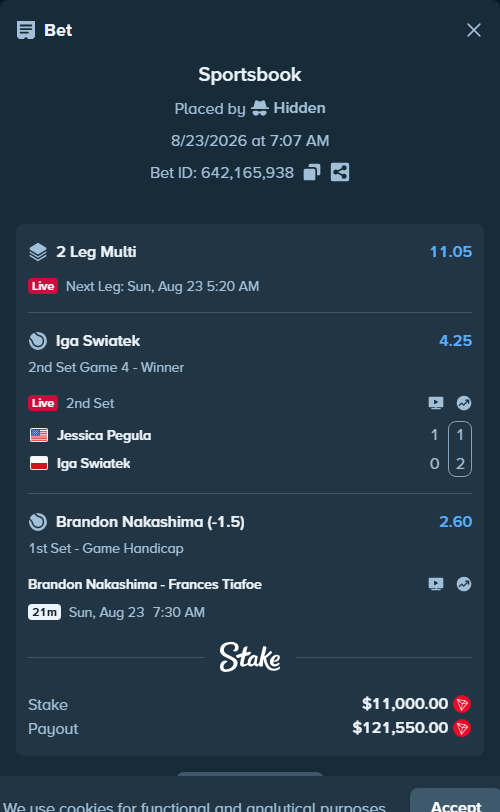 Bet slip: Brandon Nakashima - Frances Tiafoe, $10,984.87 stake at 2.60 odds, placed by Mottamotya
