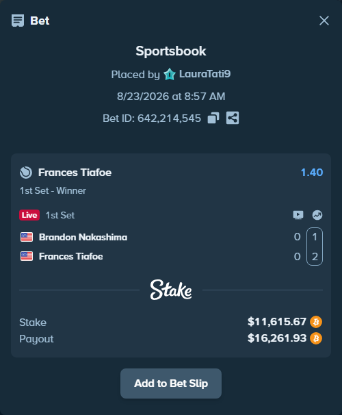 Bet slip: Brandon Nakashima - Frances Tiafoe, $11,656.06 stake at 1.40 odds, placed by LauraTati9