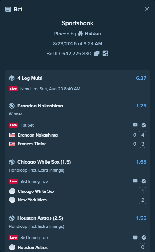Bet slip: Brandon Nakashima - Frances Tiafoe, $14,000.00 stake at 1.75 odds, placed by Hidden