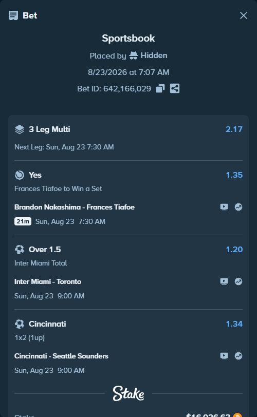 Bet slip: Brandon Nakashima - Frances Tiafoe, $16,214.54 stake at 1.35 odds, placed by Hidden