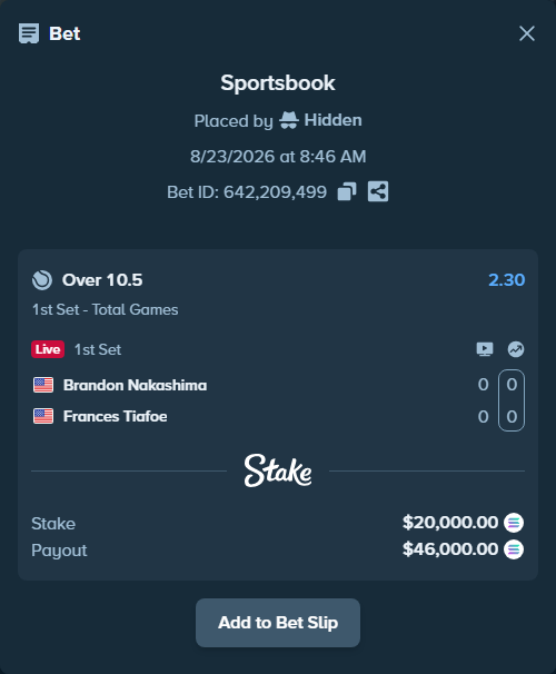 Bet slip: Brandon Nakashima - Frances Tiafoe, $20,166.30 stake at 2.30 odds, placed by Hidden