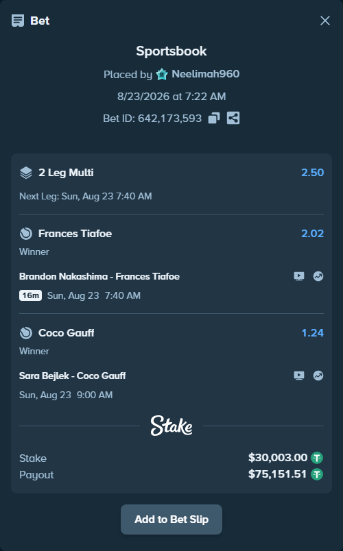 Bet slip: Brandon Nakashima - Frances Tiafoe, $30,000.00 stake at 2.02 odds, placed by Neelimah960
