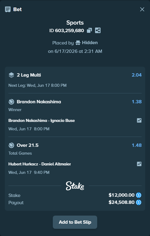 Bet slip: Brandon Nakashima - Ignacio Buse, $12,000.00 stake at 1.38 odds, placed by Hidden