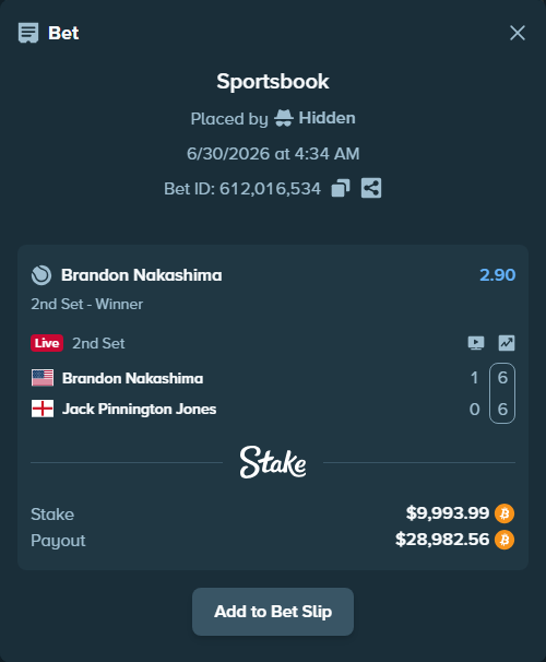 Bet slip: Brandon Nakashima - Jack Pinnington Jones, $10,385.51 stake at 2.90 odds, placed by Hidden