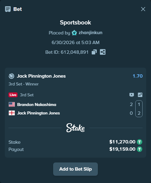 Bet slip: Brandon Nakashima - Jack Pinnington Jones, $11,281.27 stake at 1.70 odds, placed by zhanjinkun