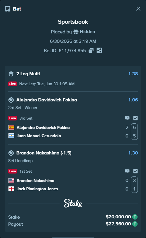Bet slip: Brandon Nakashima - Jack Pinnington Jones, $20,020.00 stake at 1.30 odds, placed by Hidden
