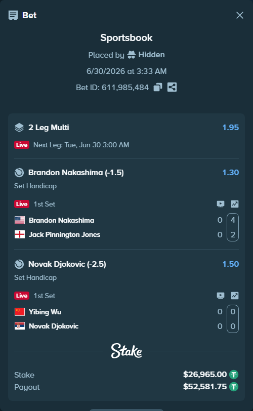 Bet slip: Brandon Nakashima - Jack Pinnington Jones, $26,991.96 stake at 1.30 odds, placed by Hidden