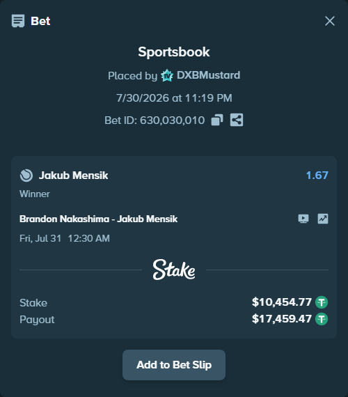 Bet slip: Brandon Nakashima - Jakub Mensik, $10,465.22 stake at 1.67 odds, placed by DXBMustard