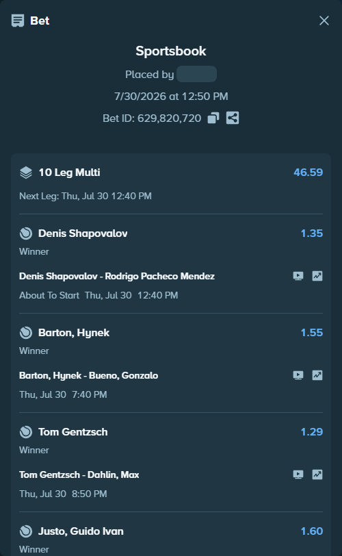Bet slip: Brandon Nakashima - Jakub Mensik, $73,591.31 stake at 2.10 odds, placed by Prettylfacko98