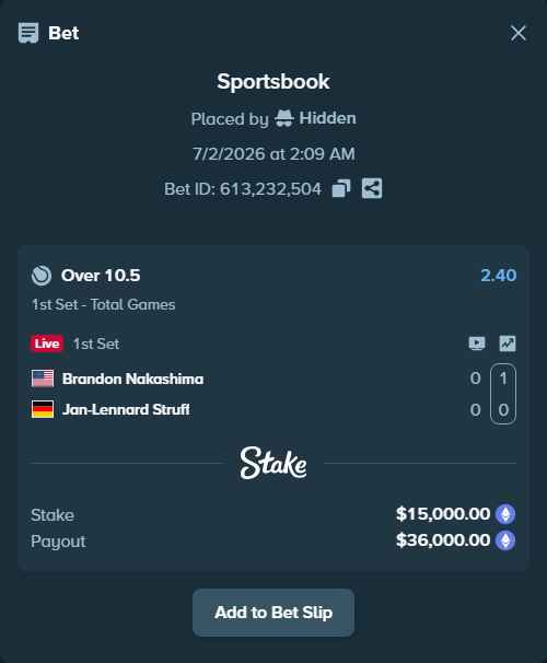 Bet slip: Brandon Nakashima - Jan-Lennard Struff, $16,612.24 stake at 2.40 odds, placed by Hidden