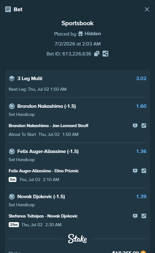 Bet slip: Brandon Nakashima - Jan-Lennard Struff, $19,255.18 stake at 1.60 odds, placed by Hidden