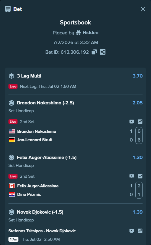 Bet slip: Brandon Nakashima - Jan-Lennard Struff, $20,905.24 stake at 2.05 odds, placed by Hidden